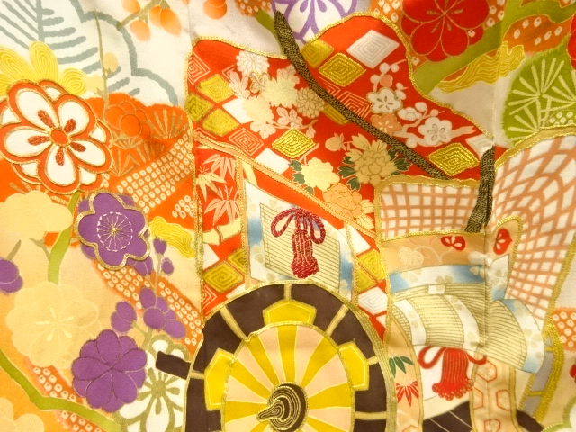  大正ロマン　御所車に松梅模様刺繍五つ紋花嫁衣装振袖2枚重ね・丸帯セット